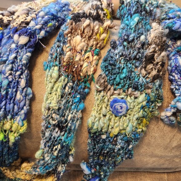 Scarf, knitted with art yarn, new handmade, light and soft, colorful 70x6 inch. - Picture 5 of 6